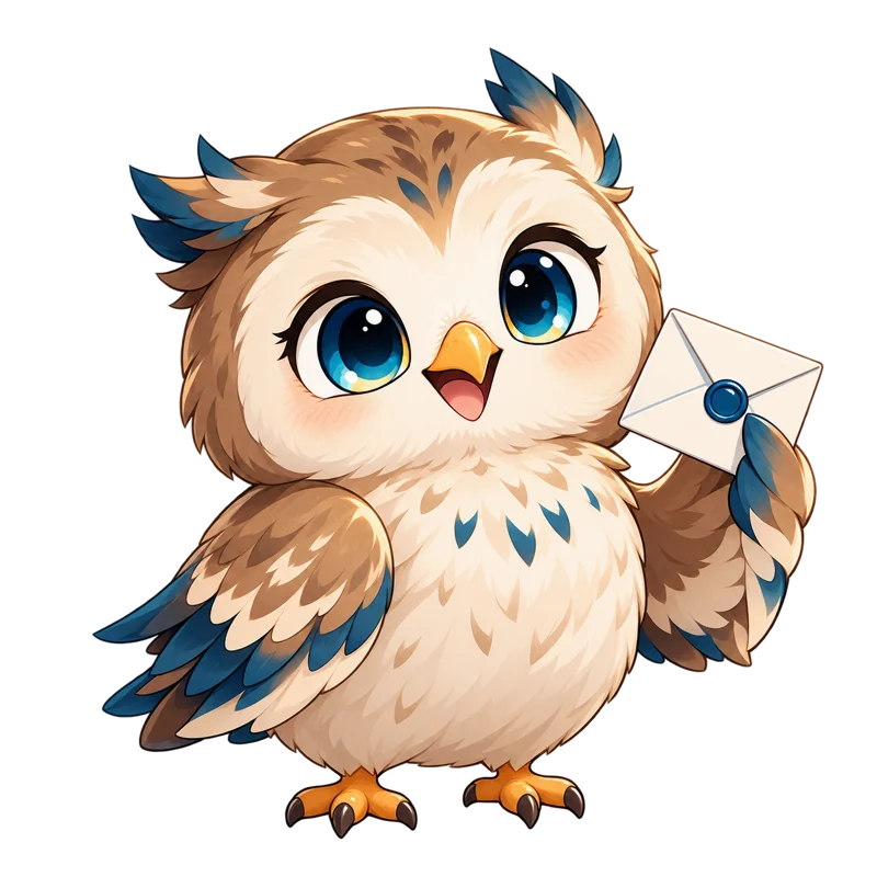 Hibi, a smiling little manga owl holding an envelope