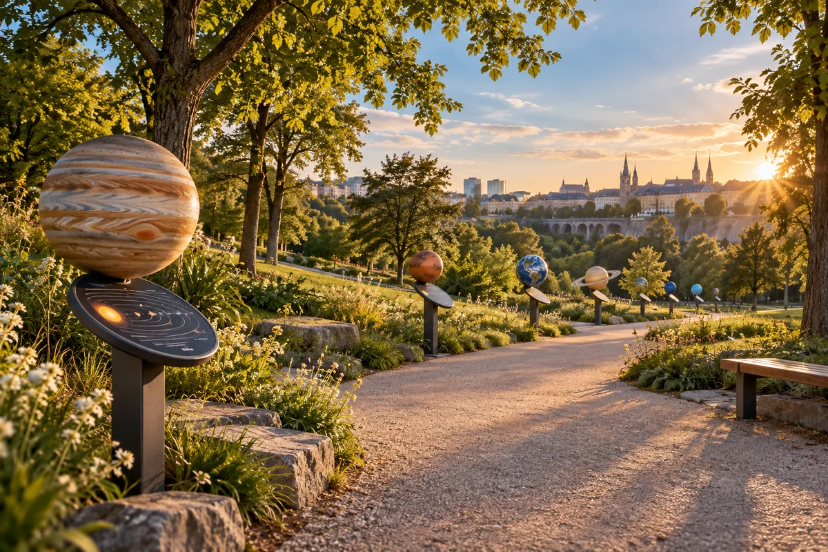 Parcours solaire dans un parc, avec les planètes en stations pédagogiques