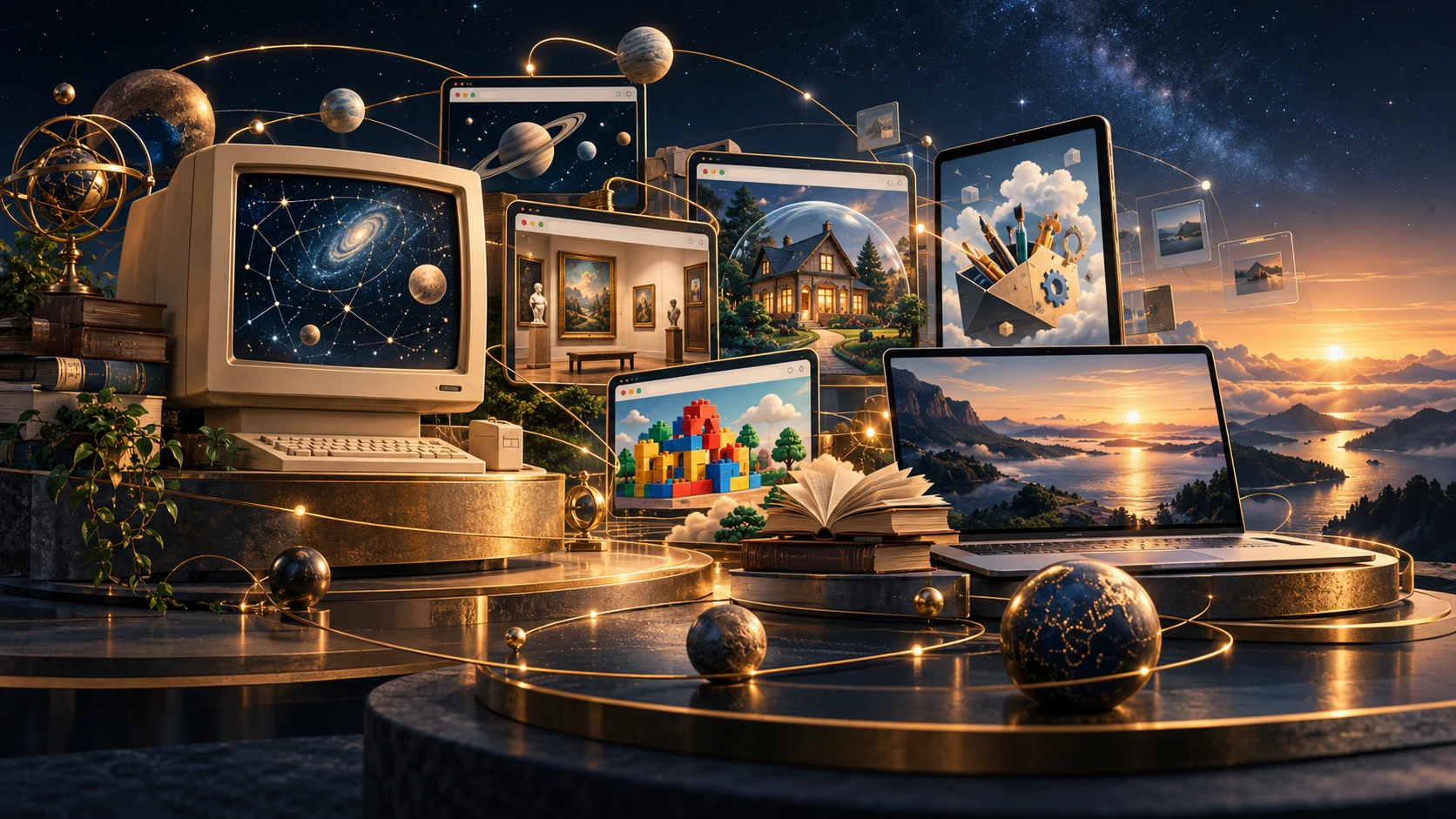 Illustration des créations de Steve : ordinateur ancien, écrans modernes, astronomie, art, livres et briques.