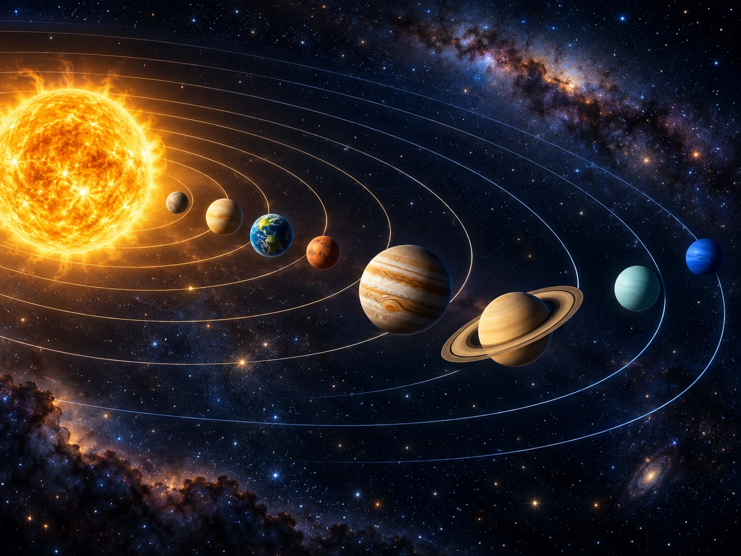 Le Soleil et les huit planètes du système solaire, représentés le long de leurs orbites.
