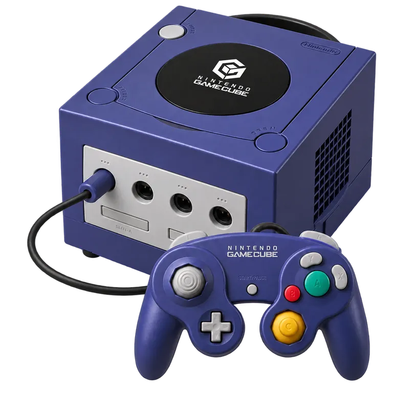 Rendu 3D représentatif : Nintendo GameCube indigo et manette assortie