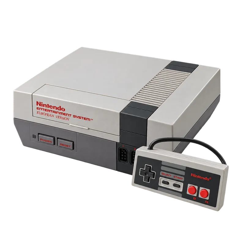 Rendu 3D représentatif : NES européenne grise, chargement frontal et manette