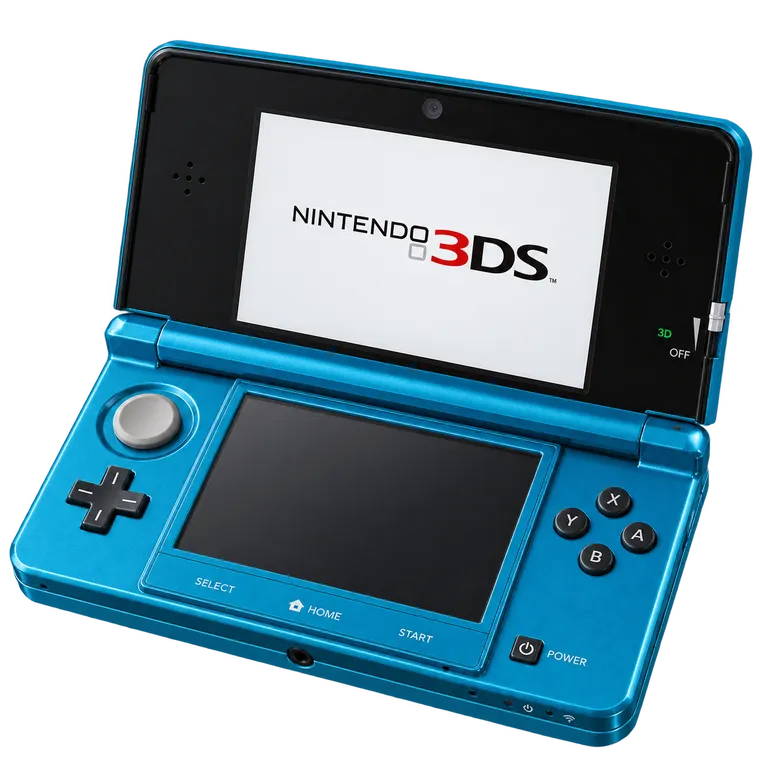 Rendu 3D représentatif : Nintendo 3DS originale bleu lagon, ouverte