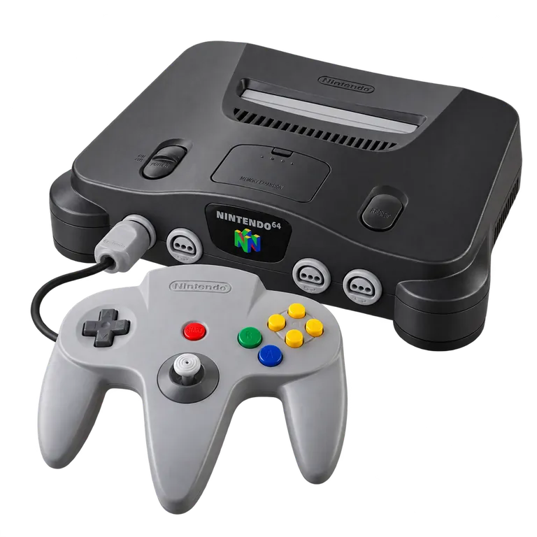 Rendu 3D représentatif : Nintendo 64 anthracite et manette grise