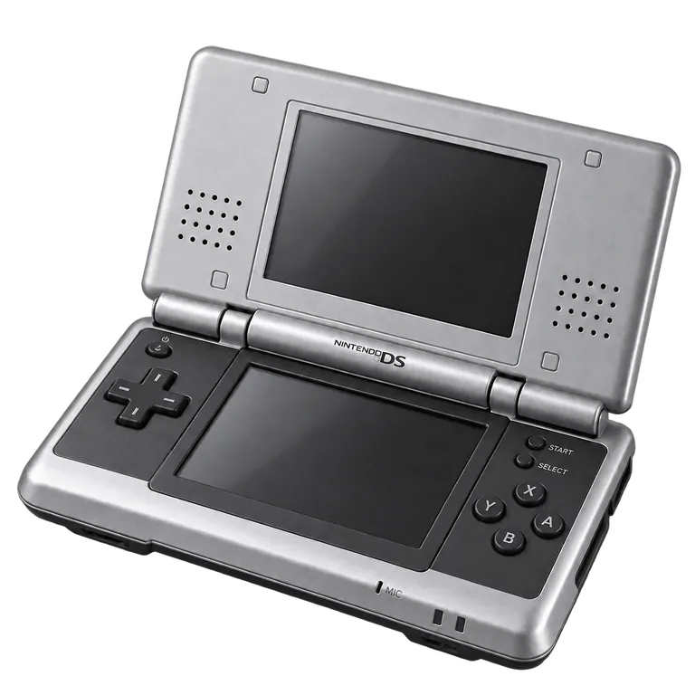 Rendu 3D représentatif : Nintendo DS originale argentée, ouverte