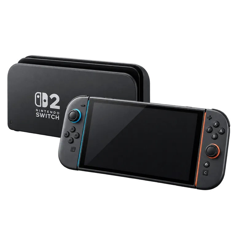 Rendu 3D représentatif : Nintendo Switch 2, Joy-Con 2 noirs et station d’accueil