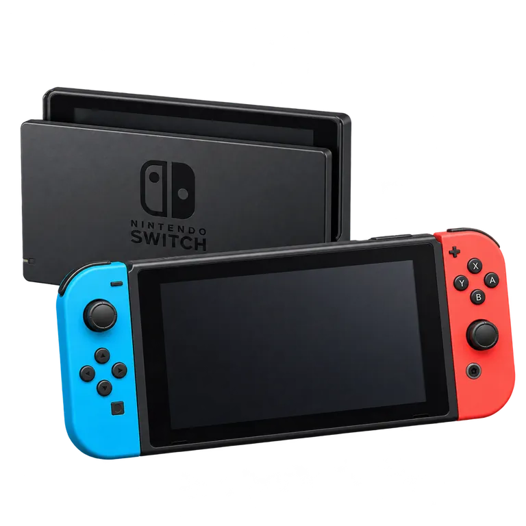 Rendu 3D représentatif : Nintendo Switch originale, Joy-Con bleu et rouge néon et station d’accueil