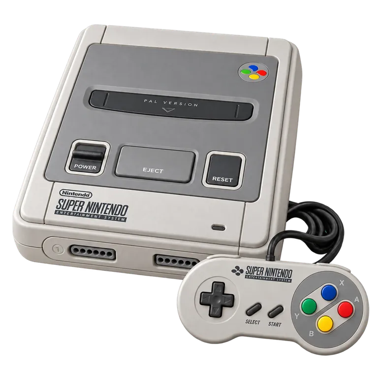 Rendu 3D représentatif : Super Nintendo européenne grise et manette à boutons multicolores