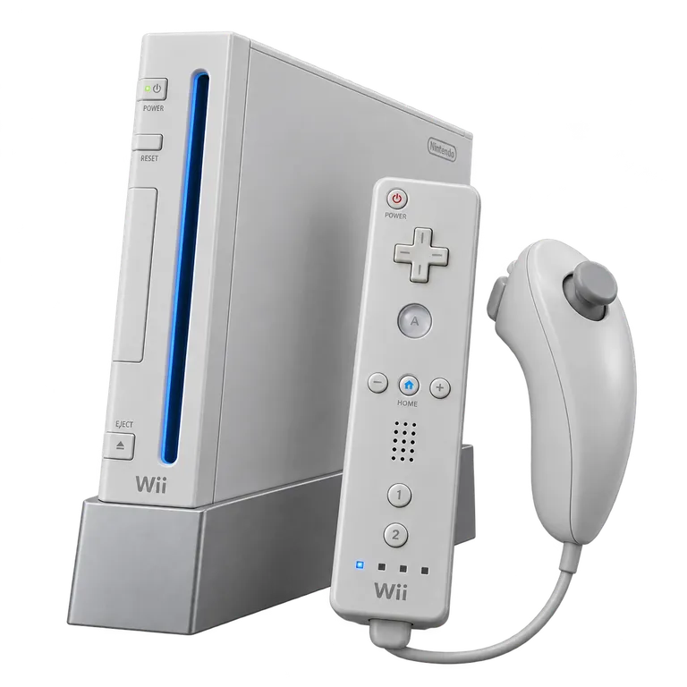 Rendu 3D représentatif : Wii blanche sur socle, télécommande Wii et Nunchuk