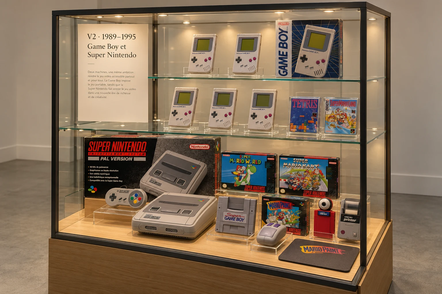 Maquette illustrative de la vitrine V2 : consoles devant leurs boîtes, présentoirs à plusieurs niveaux et panneau A4