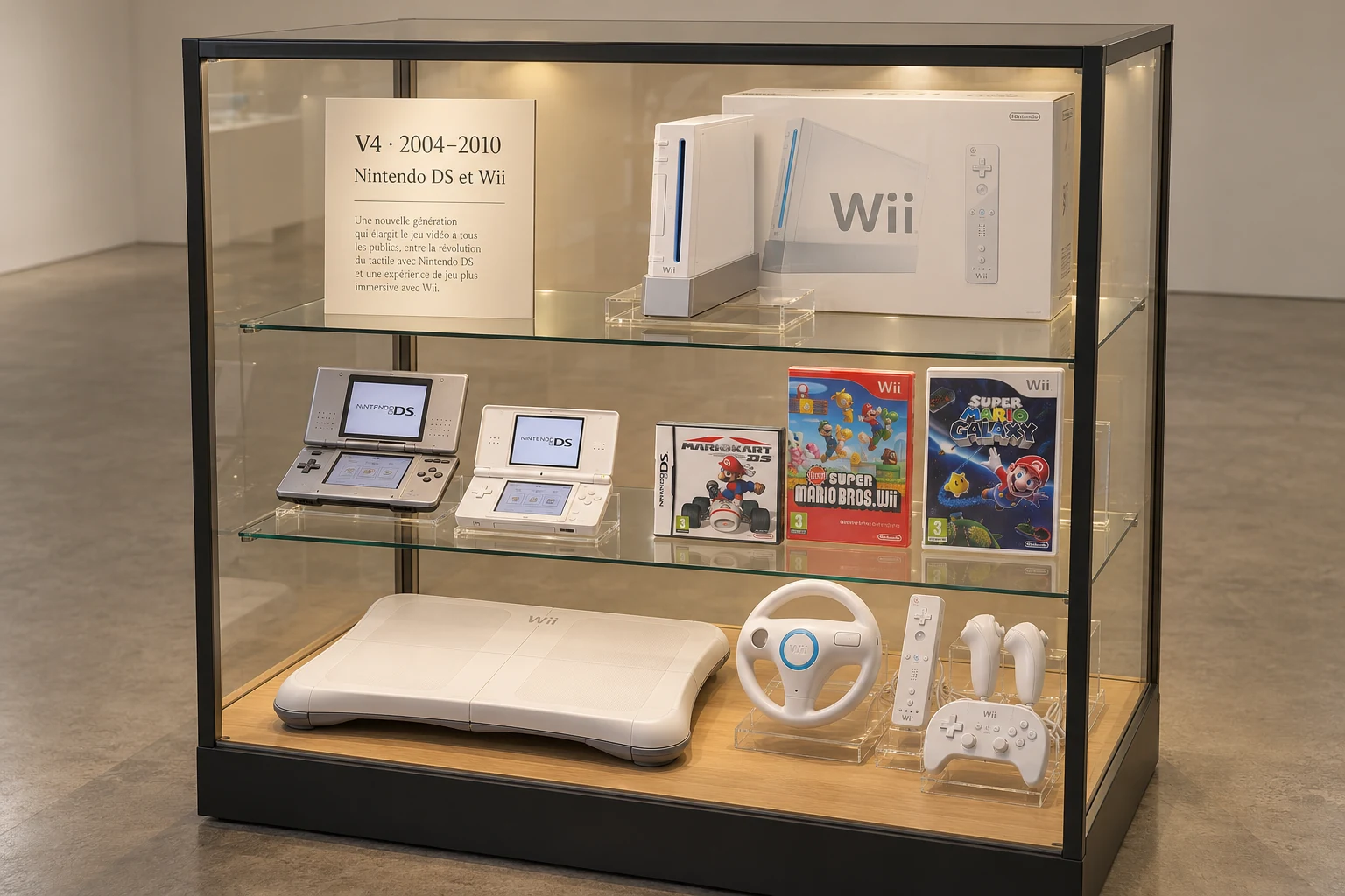 Maquette illustrative de la vitrine V4 : consoles devant leurs boîtes, présentoirs à plusieurs niveaux et panneau A4