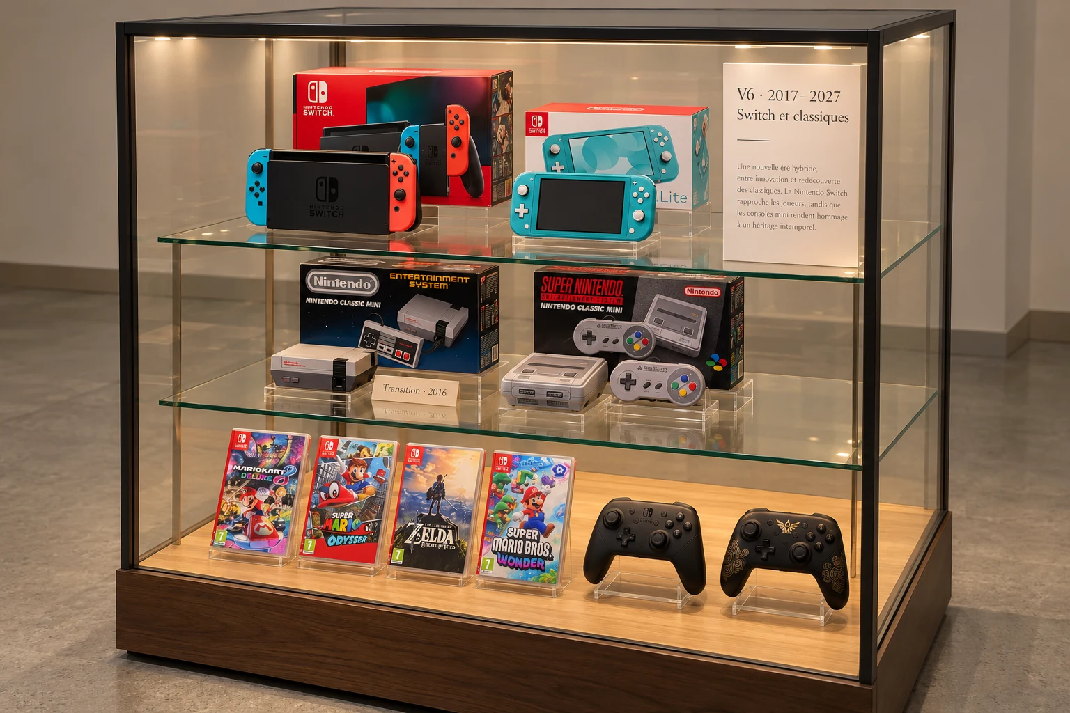 Maquette illustrative de la vitrine V6 : consoles devant leurs boîtes, présentoirs à plusieurs niveaux et panneau A4