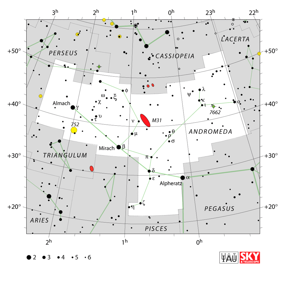 Carte IAU de Andromède : limites, étoiles et tracés