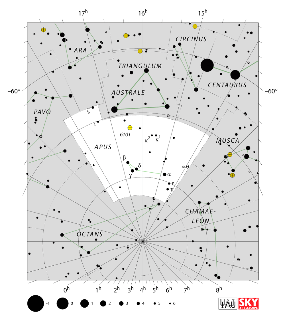 Carte IAU de Oiseau de paradis : limites, étoiles et tracés