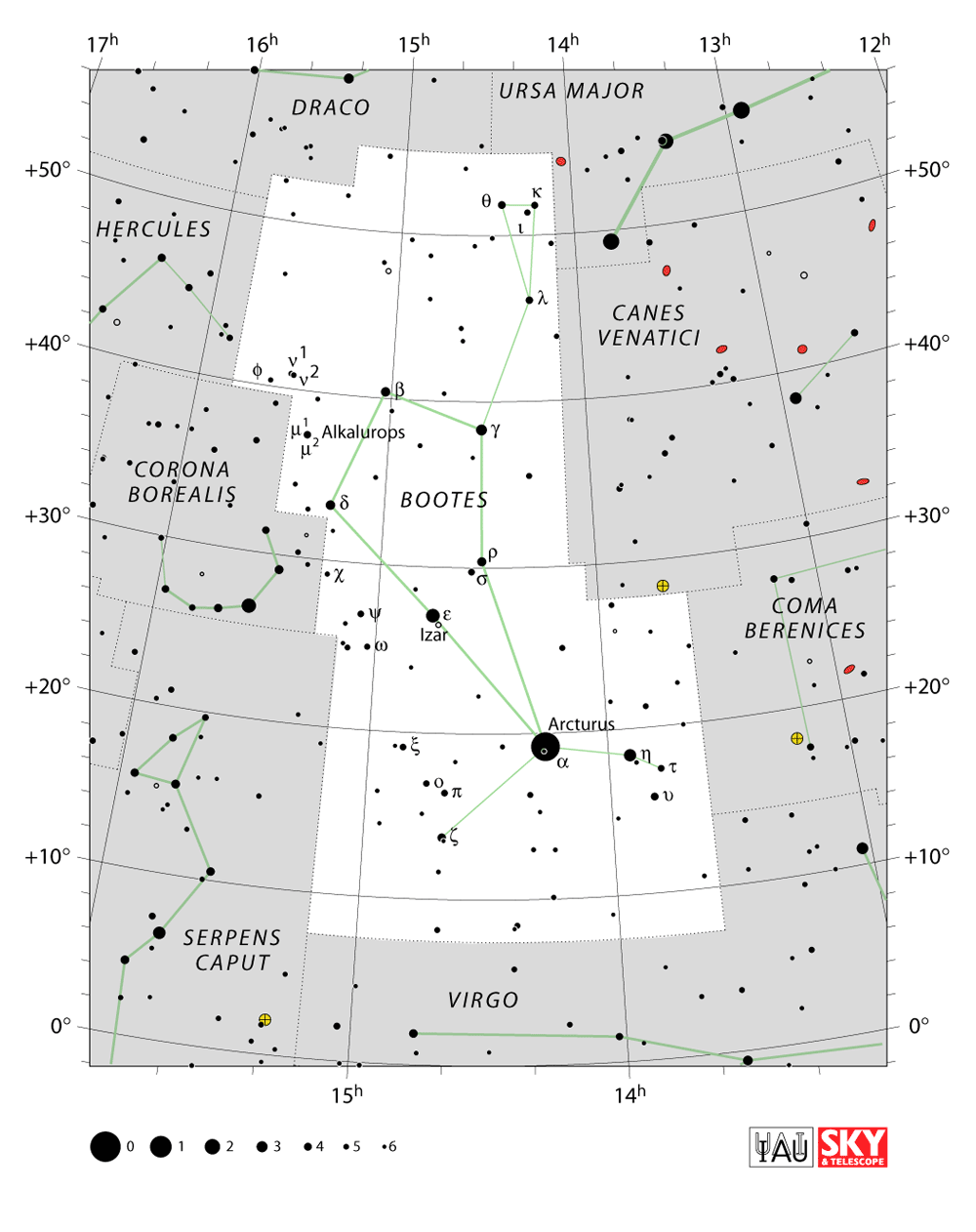 Carte IAU de Bouvier : limites, étoiles et tracés