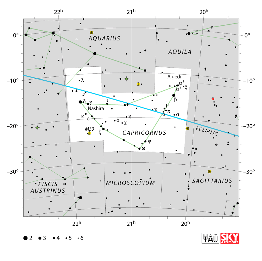 Carte IAU de Capricorne : limites, étoiles et tracés