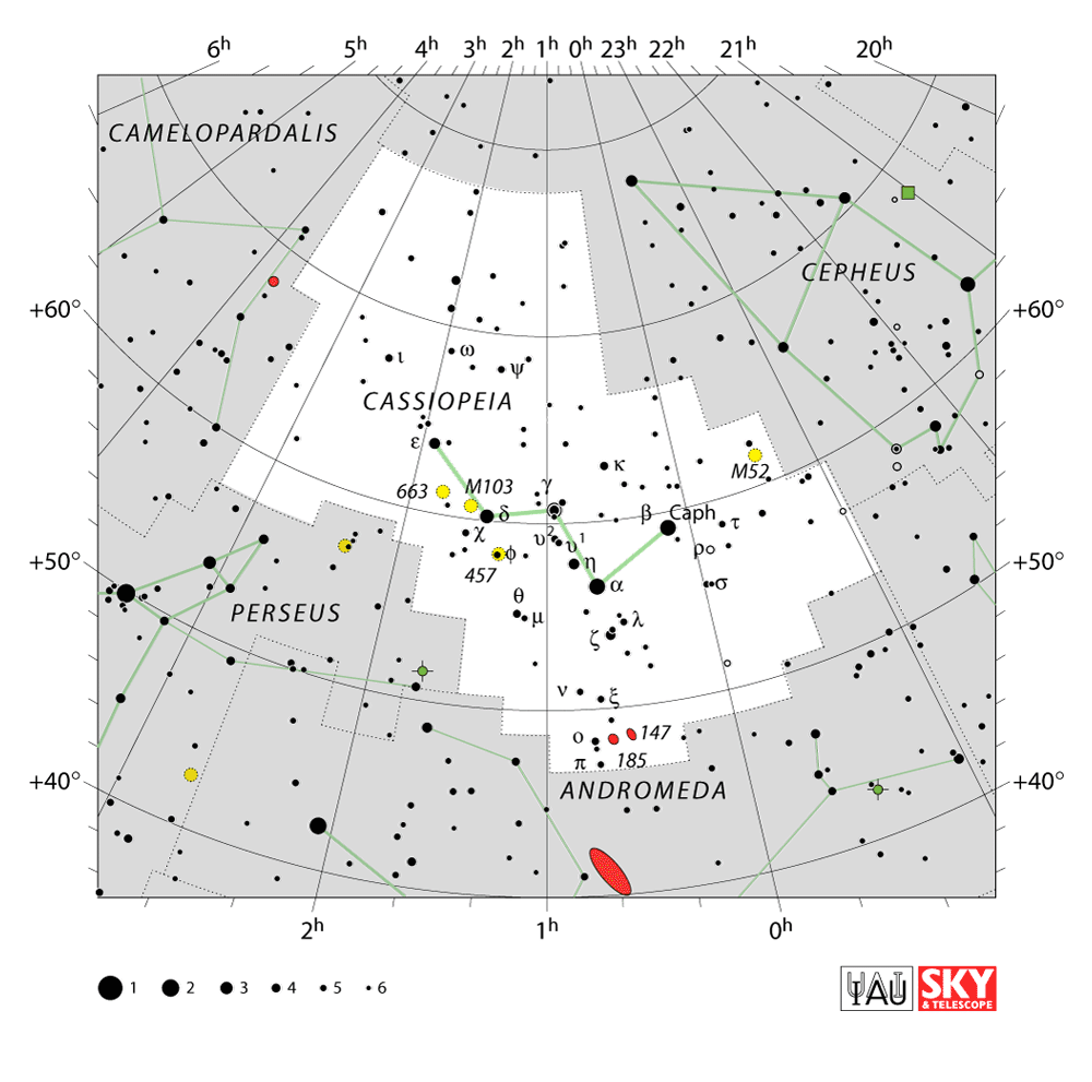 Carte IAU de Cassiopée : limites, étoiles et tracés