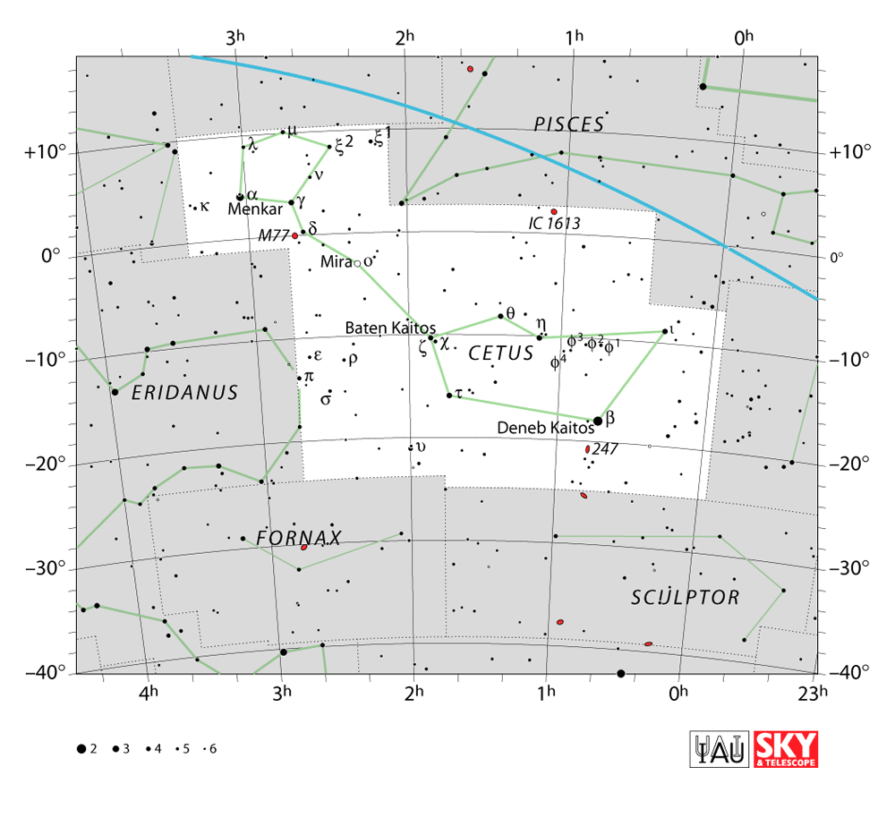Carte IAU de Baleine : limites, étoiles et tracés