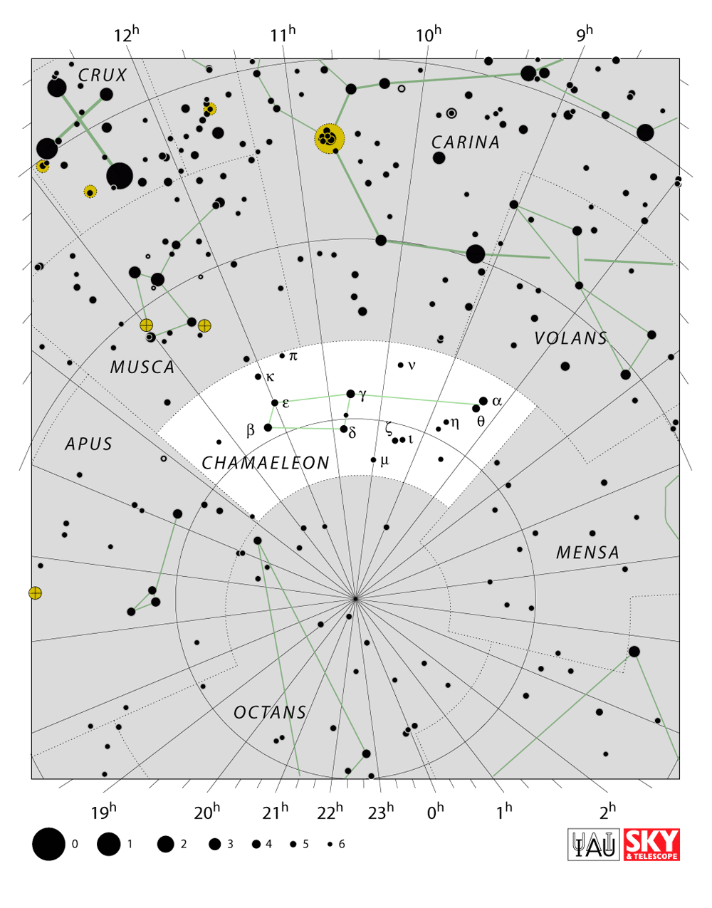 Carte IAU de Caméléon : limites, étoiles et tracés