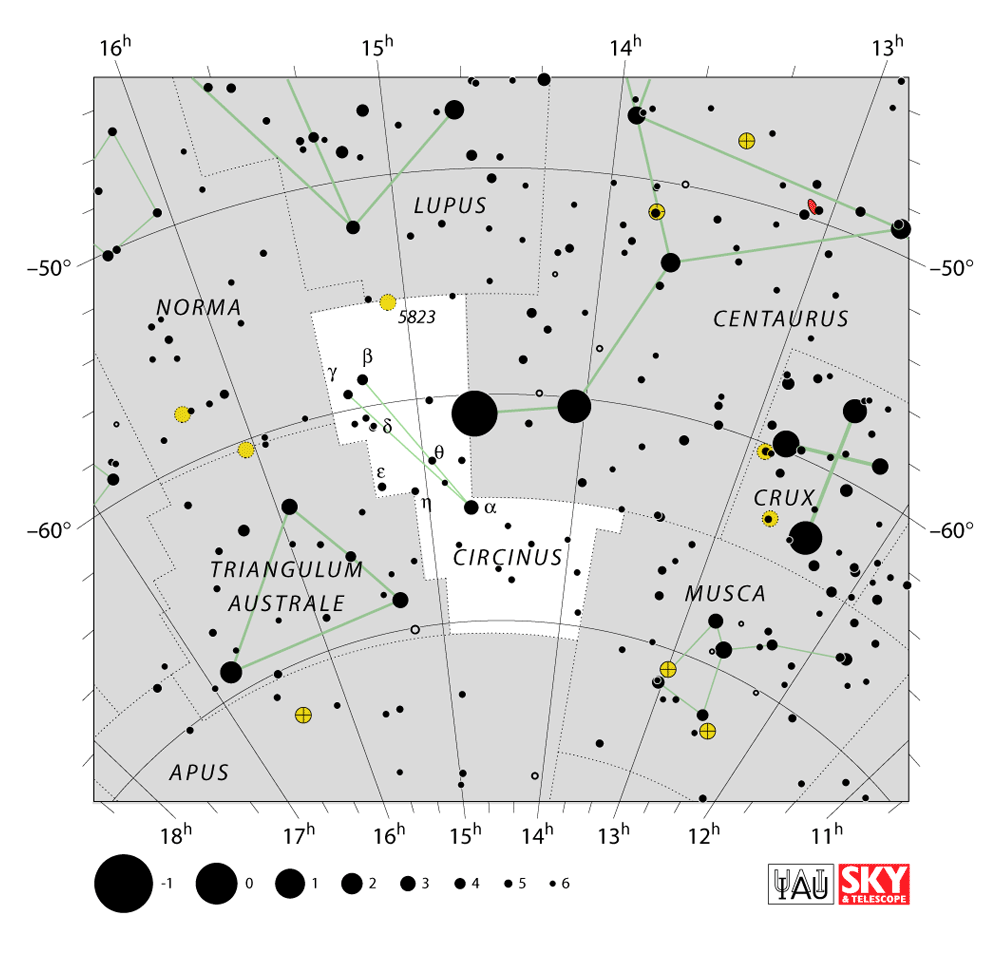 Carte IAU de Compas : limites, étoiles et tracés