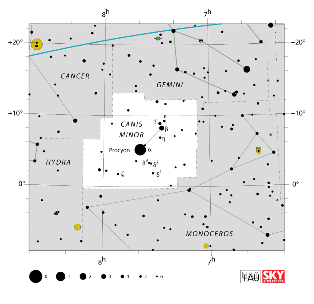 Carte IAU de Petit Chien : limites, étoiles et tracés