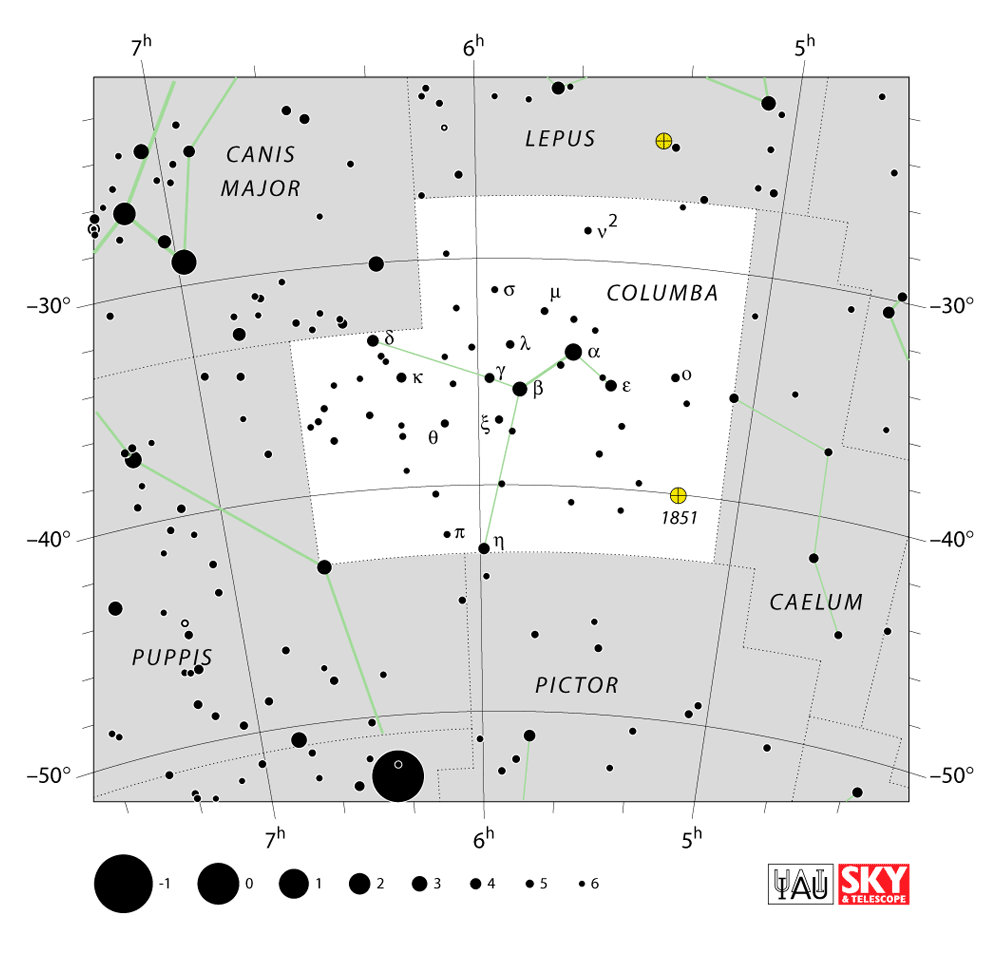Carte IAU de Colombe : limites, étoiles et tracés