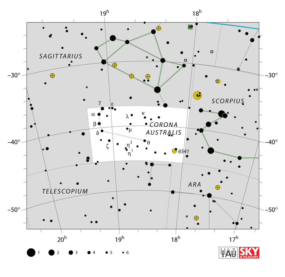 Carte IAU de Couronne australe : limites, étoiles et tracés