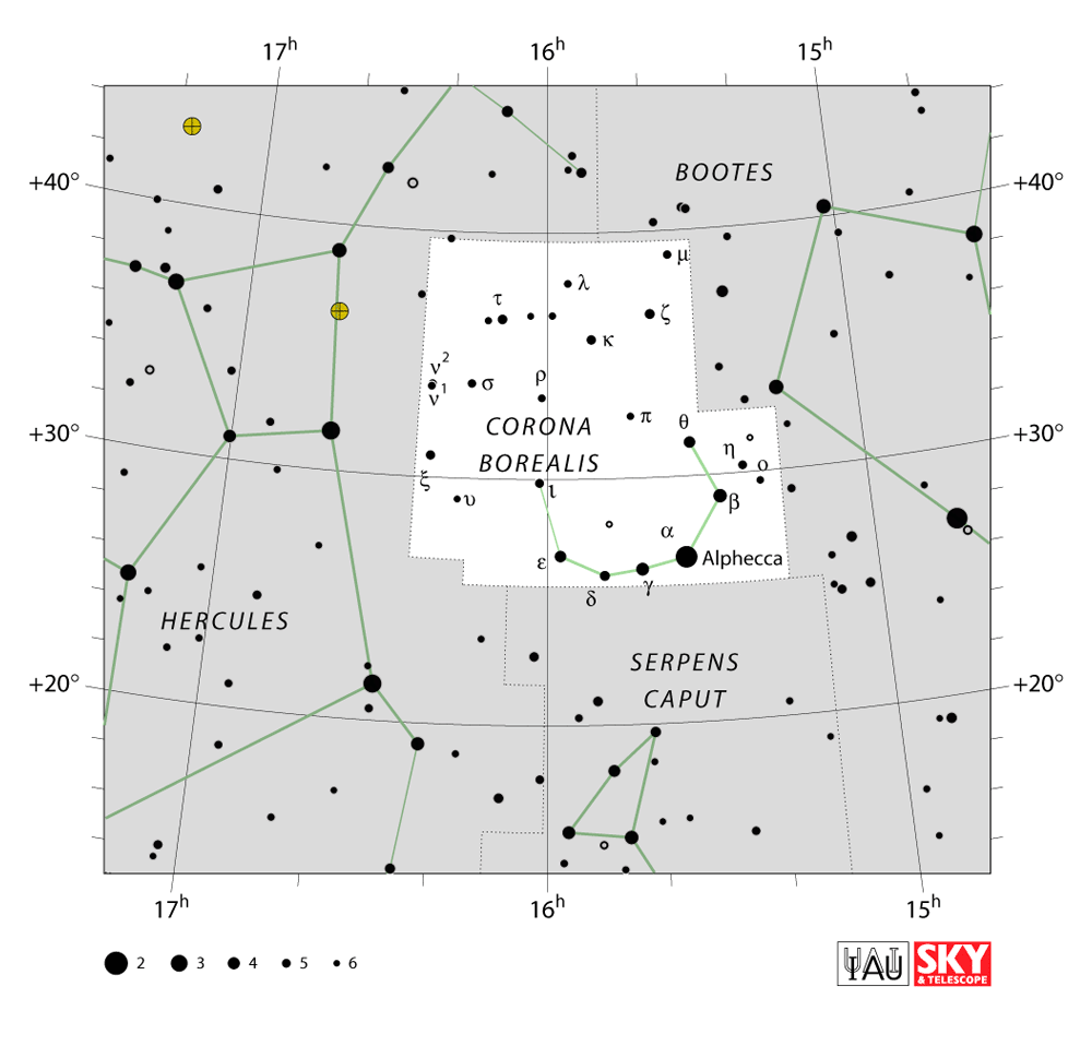 Carte IAU de Couronne boréale : limites, étoiles et tracés