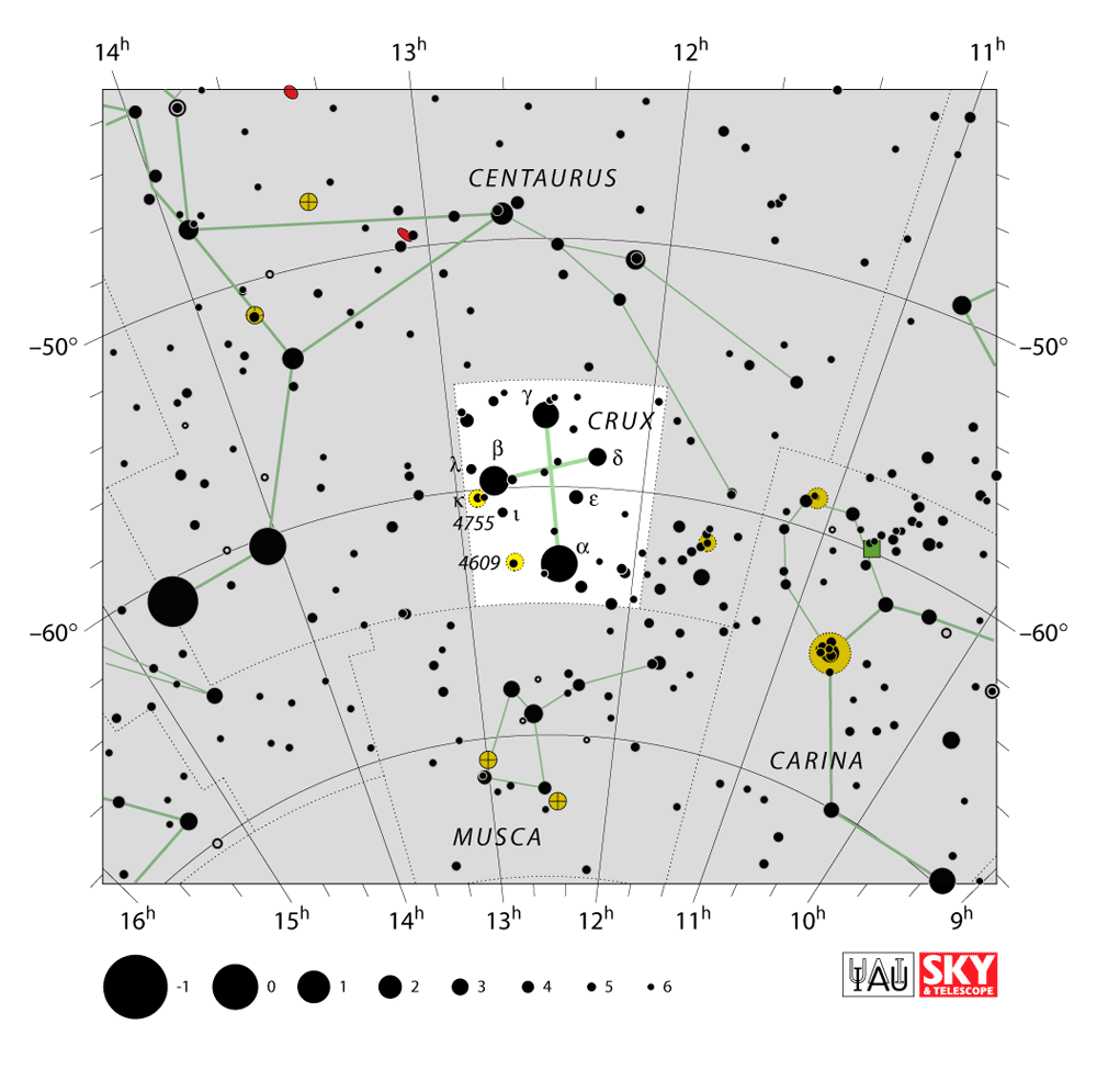 Carte IAU de Croix du Sud : limites, étoiles et tracés