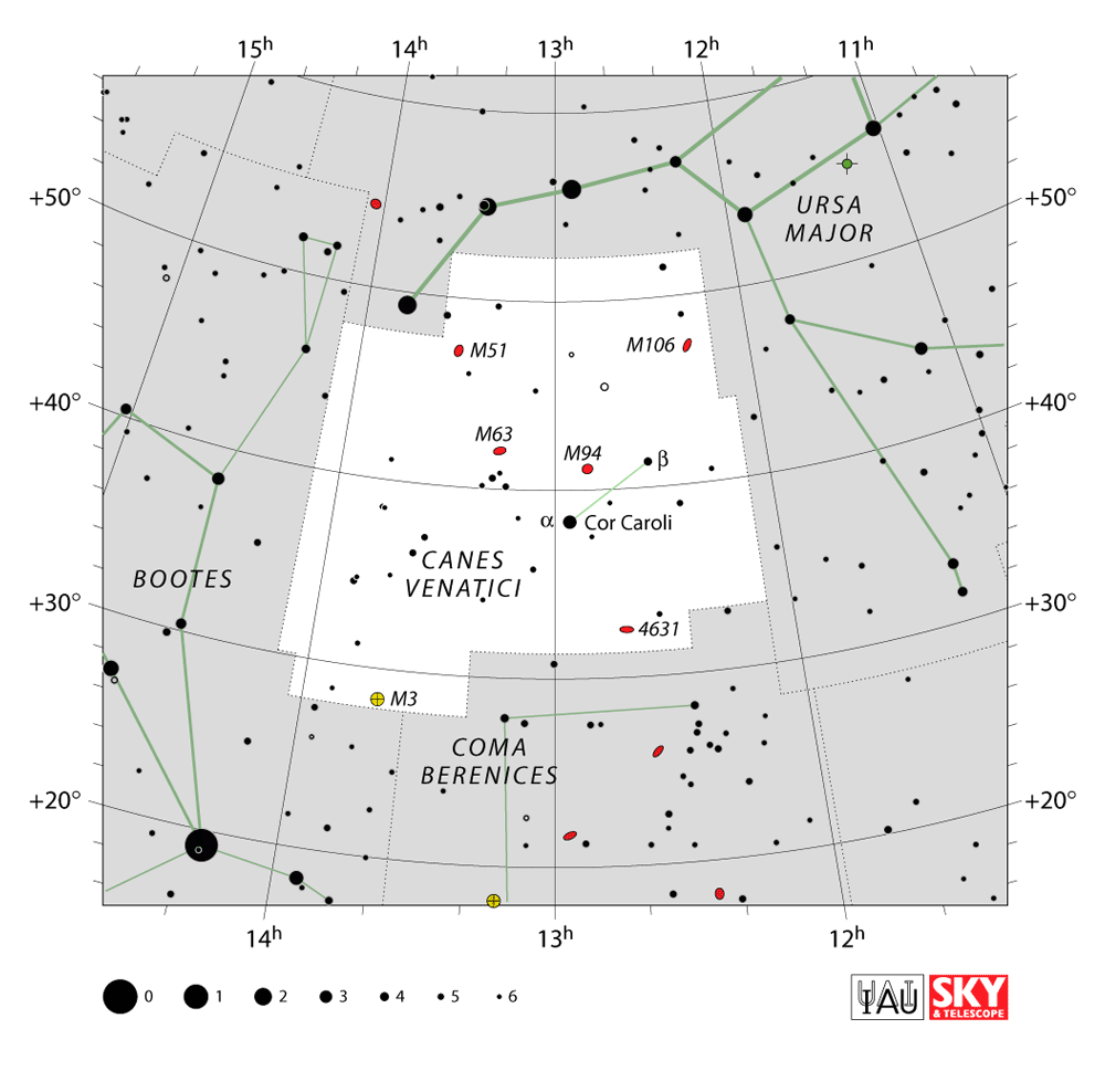Carte IAU de Chiens de chasse : limites, étoiles et tracés