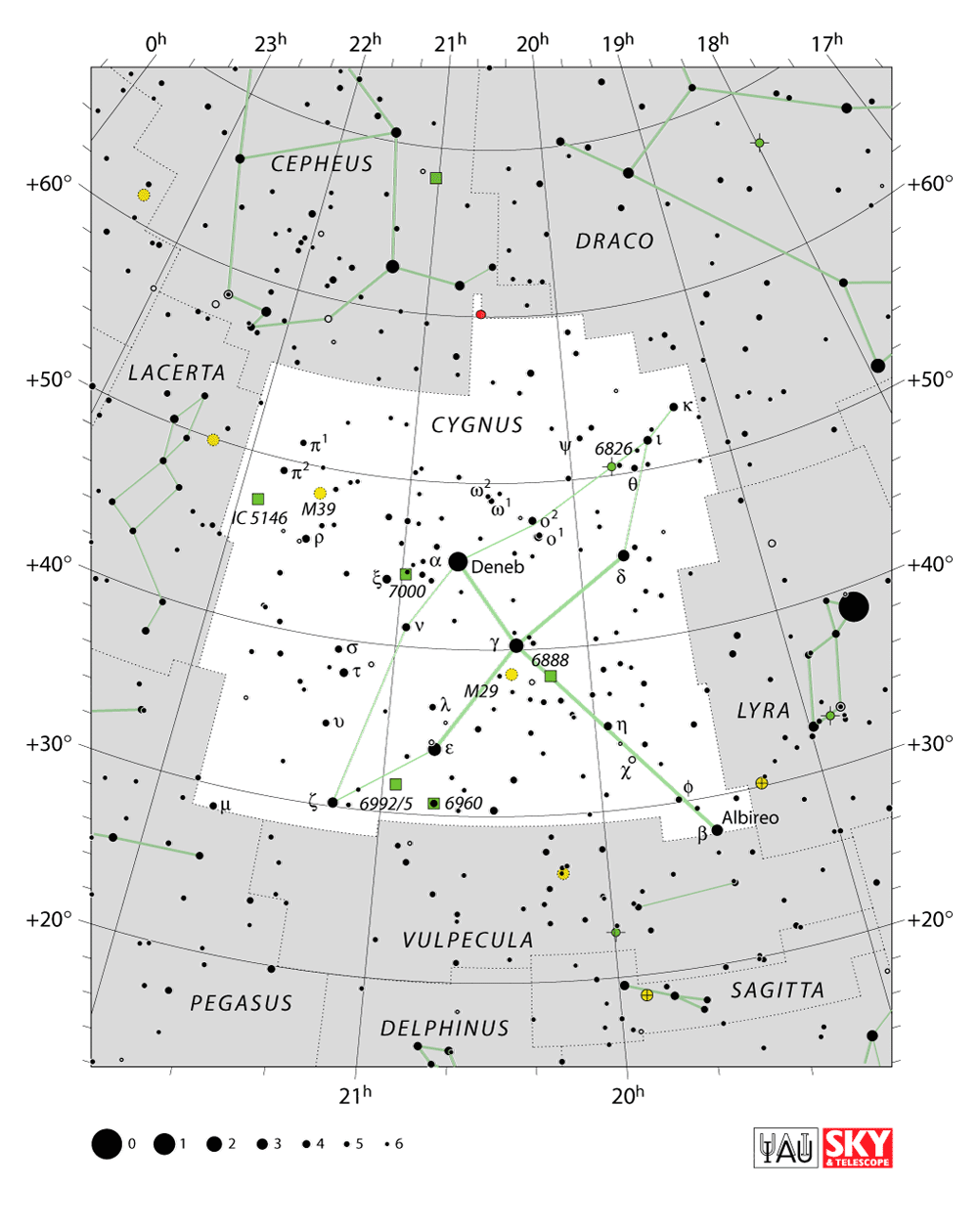 Carte IAU de Cygne : limites, étoiles et tracés