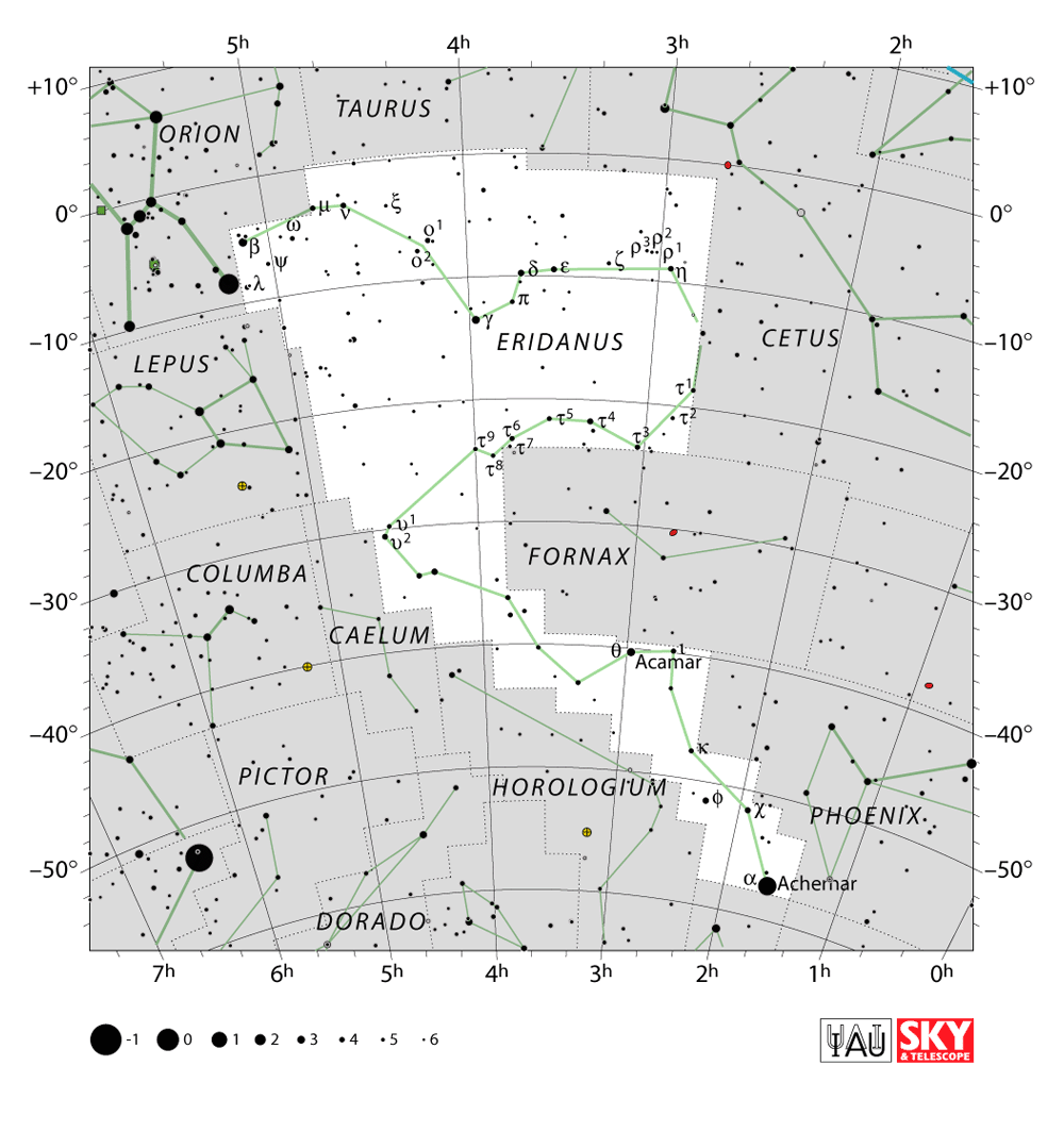 Carte IAU de Éridan : limites, étoiles et tracés