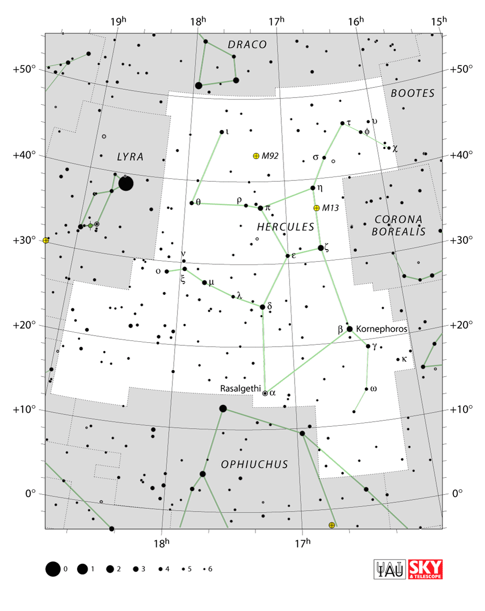Carte IAU de Hercule : limites, étoiles et tracés