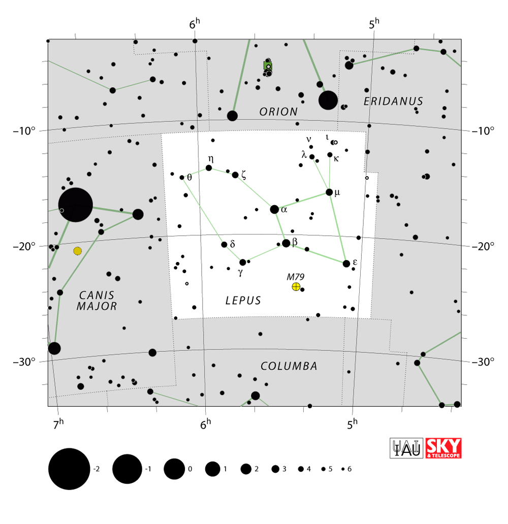 Carte IAU de Lièvre : limites, étoiles et tracés