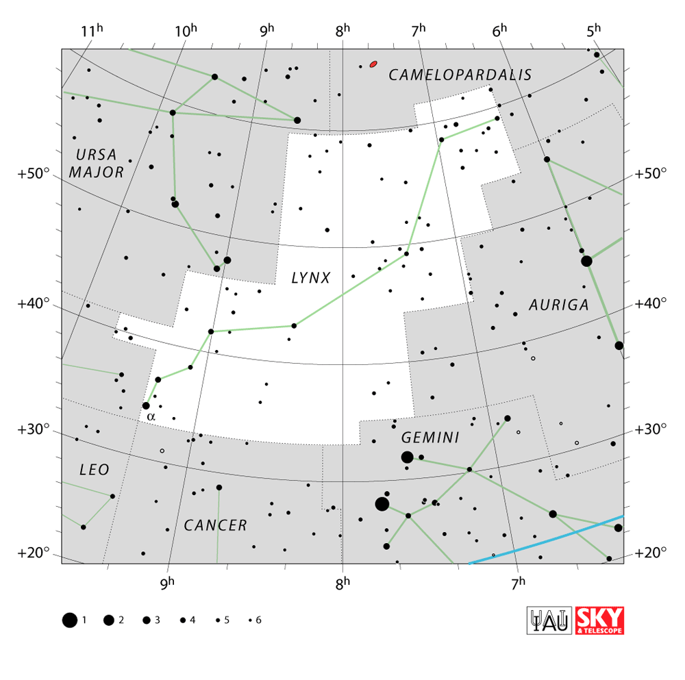 Carte IAU de Lynx : limites, étoiles et tracés