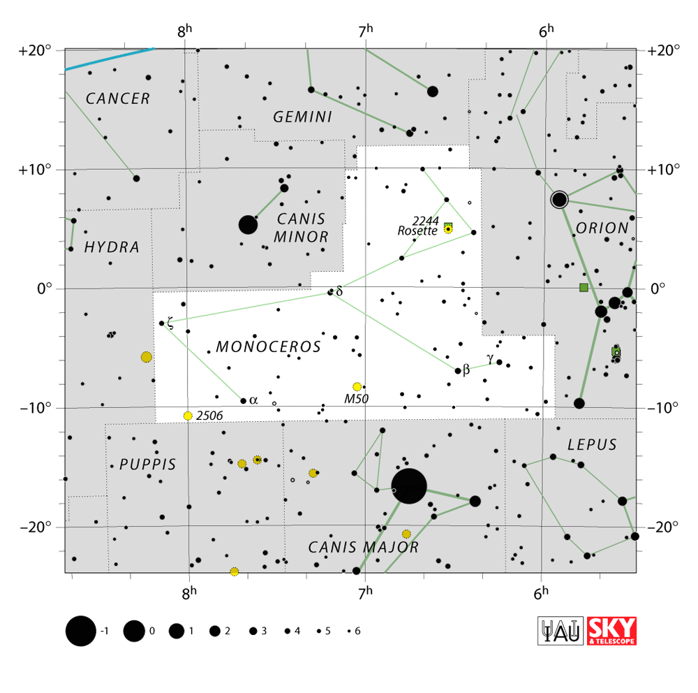 Carte IAU de Licorne : limites, étoiles et tracés