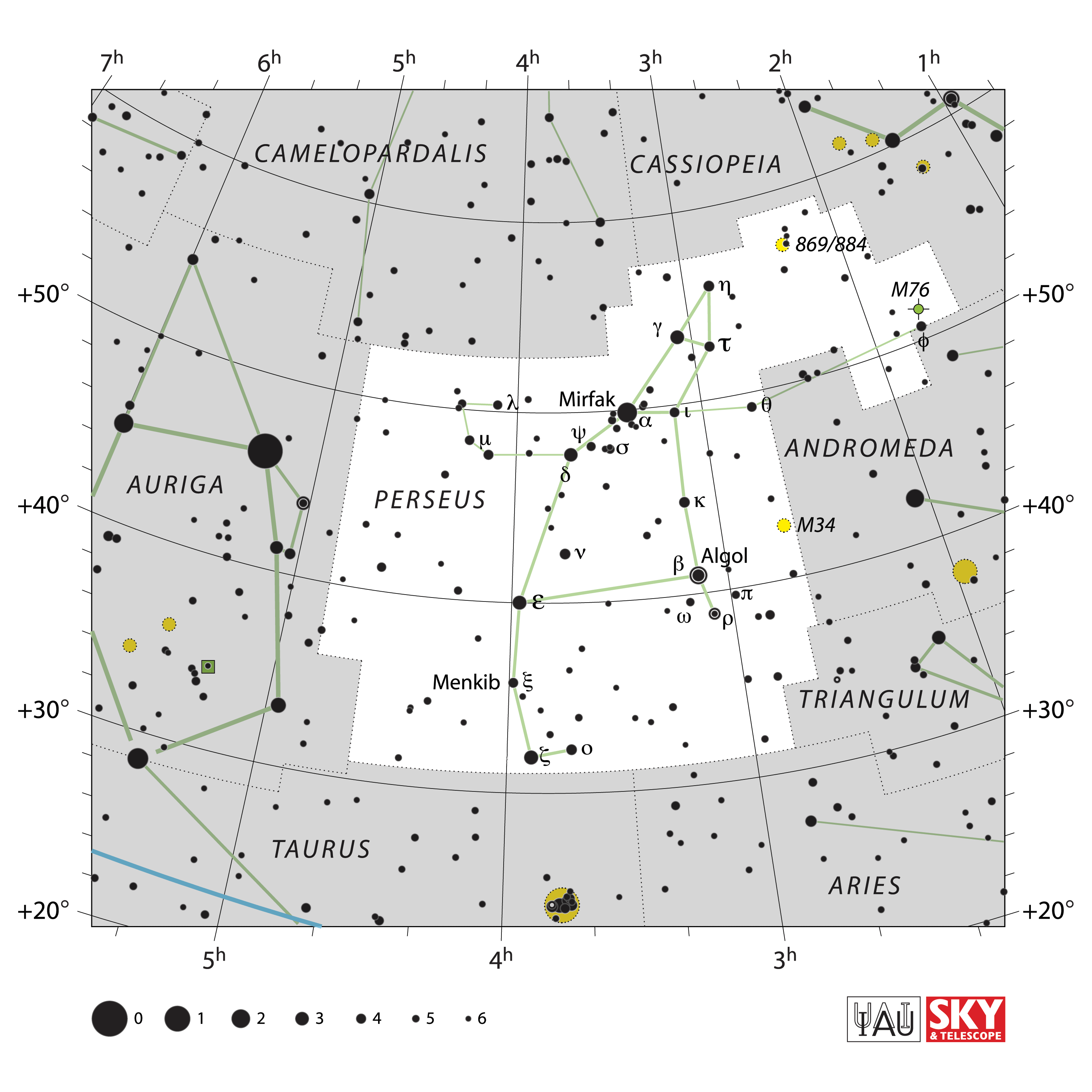 Carte IAU de Persée : limites, étoiles et tracés