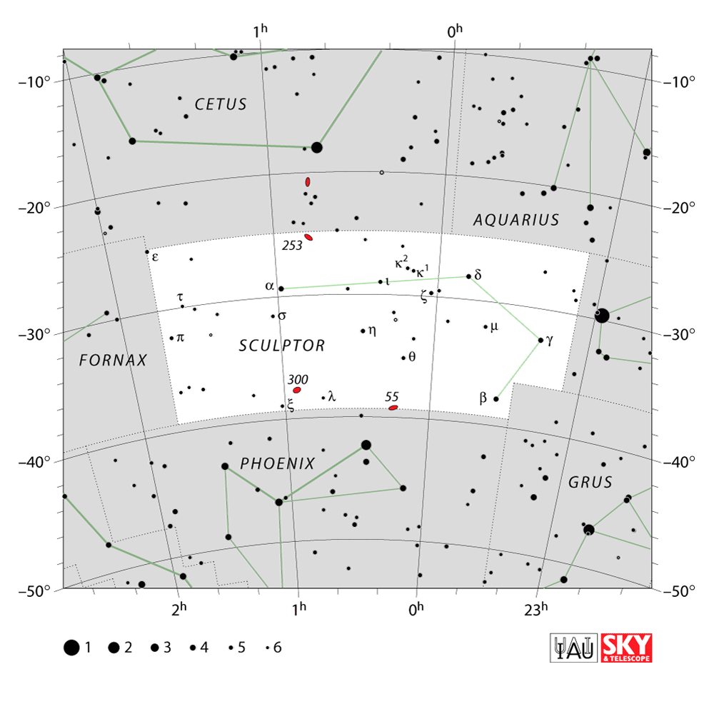 Carte IAU de Sculpteur : limites, étoiles et tracés