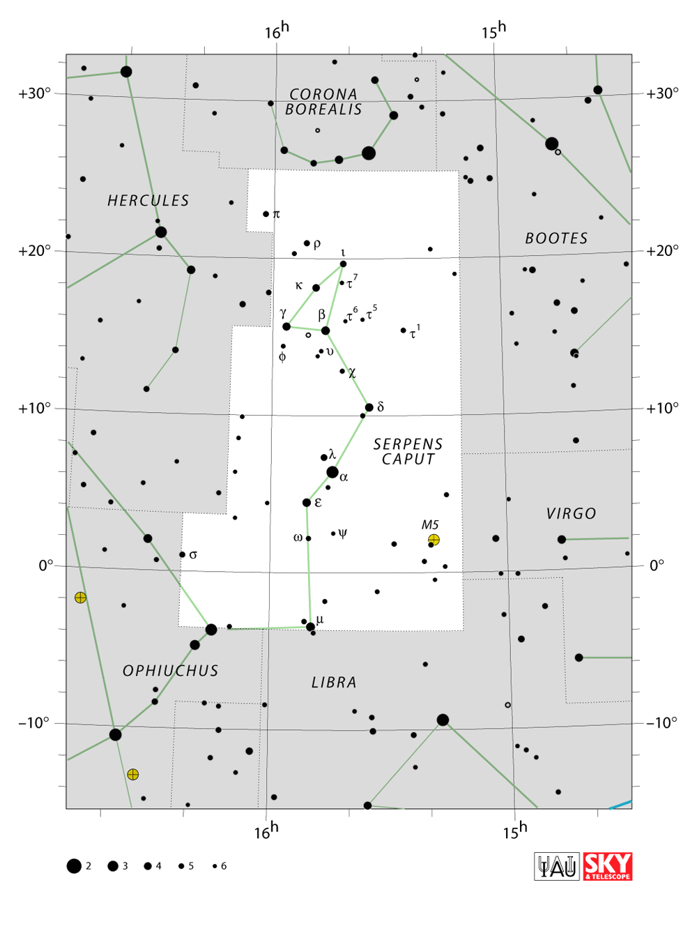 Carte IAU de Serpent — Tête : limites, étoiles et tracés