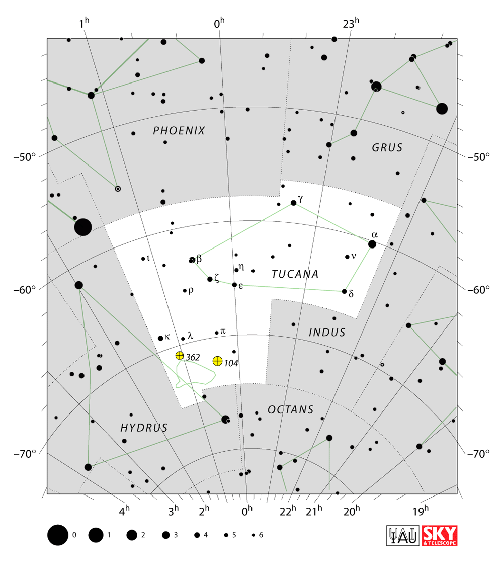 Carte IAU de Toucan : limites, étoiles et tracés