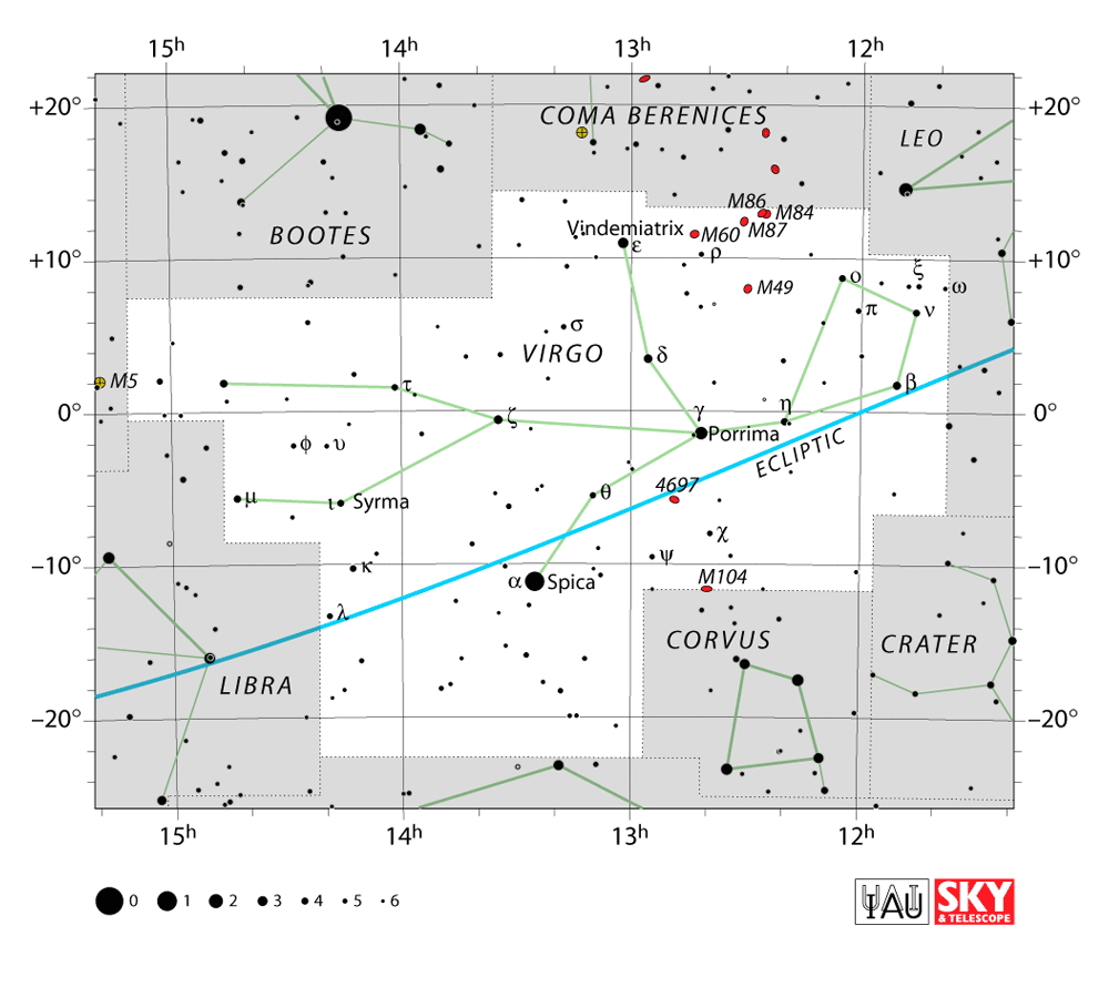 Carte IAU de Vierge : limites, étoiles et tracés