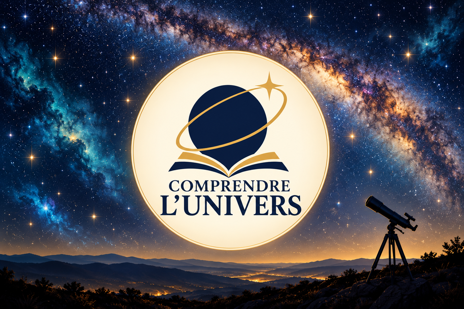 Le logo Comprendre l’Univers sous un ciel étoilé, avec un télescope